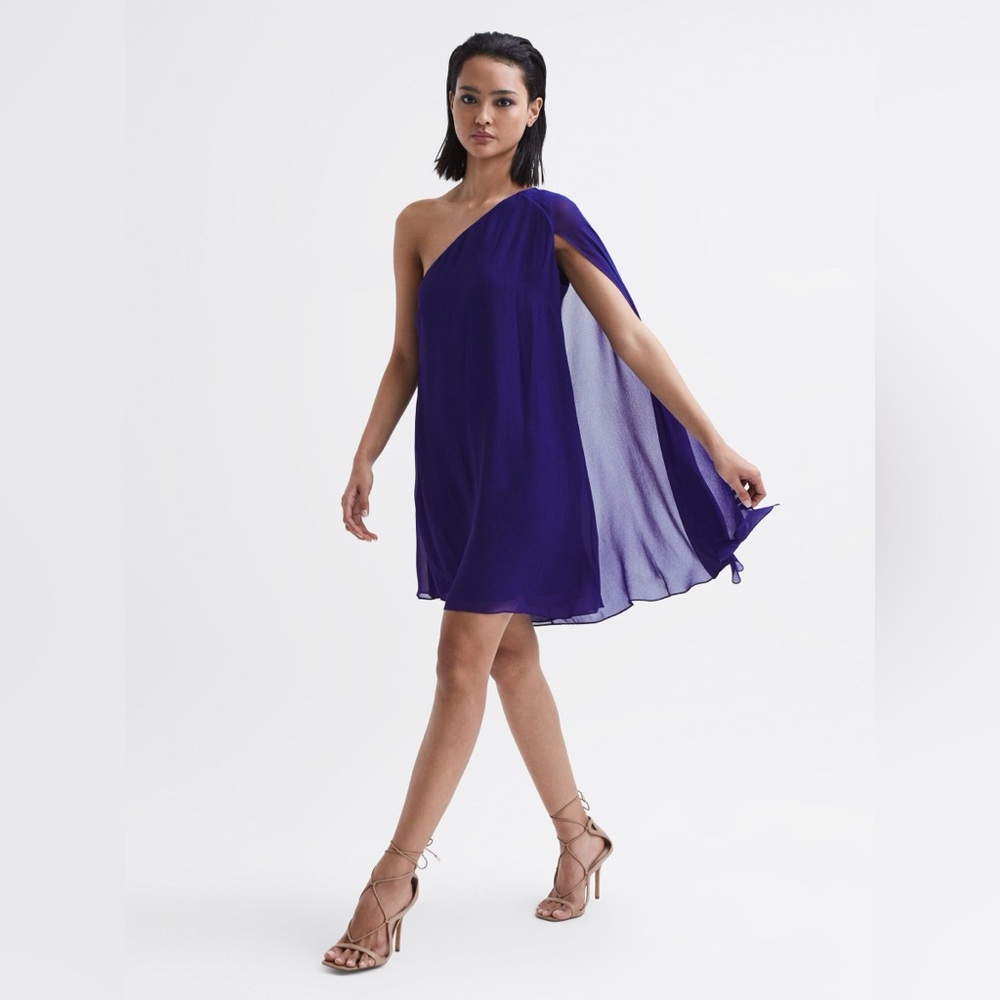 REISS FLEUR SHEER CAPE SLEEVE MINI DRESS IN PURPLE, US 4, $330